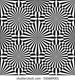 Abstract vector seamless op art pattern. Monochrome graphic black and white ornament. Striped optical illusion repeating texture.