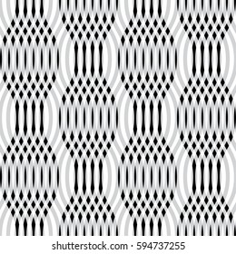 Abstract vector seamless op art pattern with waving lines. Monochrome  graphic black, grey and white ornament. Striped repeating texture.