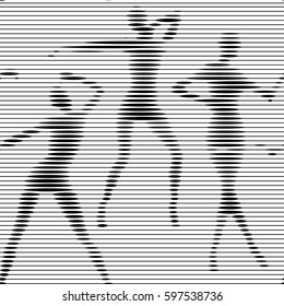Abstract vector seamless op art pattern with women silhouettes. Monochrome  graphic black and white ornament. Striped repeating texture.