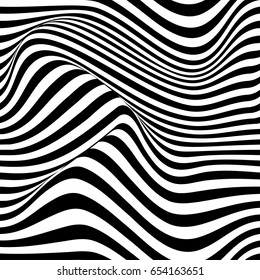 Abstract vector seamless op art pattern with waving curling lines. Monochrome  graphic black and white ornament. Striped repeating texture.