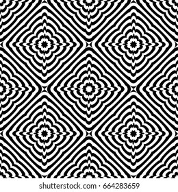 Abstract vector seamless op art pattern. Monochrome graphic ornament.