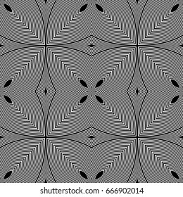 Abstract vector seamless op art pattern. Monochrome moire ornament.