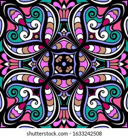 Abstract vector seamless ornament, stained glass pattern, multicolored mosaic background