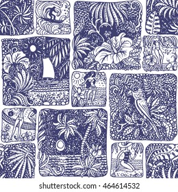 Abstract vector seamless patchy doodle pattern. Blue and white hand drawn sketch, Hawaii, palm,ocean waves, fantasy leaves,hibiscus flower, lady in swimsuit.Textile patchwork vintage print. Wallpaper