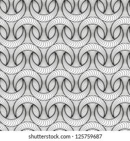 Abstract vector seamless pattern with 3D lined half-moon-like figure. Black and white background. 