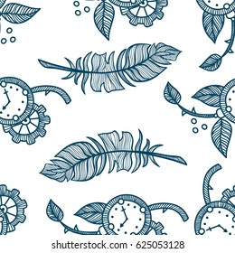 Abstract vector seamless pattern. Art of hand drawn feathers, clock, branch and leaves.  Perfect for cotton, textile, web texture and more. Vintage design, suitable for coloring book 