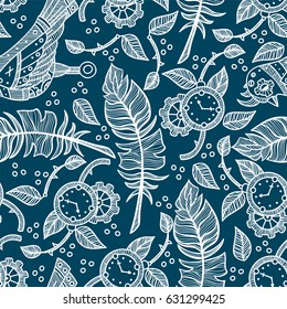  Abstract vector seamless pattern. Art of hand drawn feathers, clock, branch and leaves.  Perfect for cotton, textile, web texture and more. Vintage design, white line on blue background