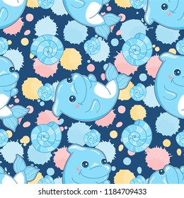 Abstract vector seamless pattern. Baby dolphin on colored background. Dolphin, seashell, water bubbles elements. Cartoon kids design, perfect for background, fabric, textile, wallpaper, paper