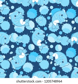 Abstract vector seamless pattern. Baby dolphin on colored background. Dolphin, seashell, water bubbles elements. Cartoon kids design, perfect for background, fabric, textile, wallpaper, paper