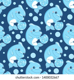 Abstract vector seamless pattern. Baby dolphin on colored background. Dolphin, seashell, water bubbles elements. Cartoon kids design, perfect for background, fabric, textile, wallpaper, paper