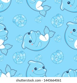 Abstract vector seamless pattern. Baby dolphin on colored background. Dolphin, seashell, water bubbles elements. Cartoon kids design, perfect for background, fabric, textile, wallpaper, paper