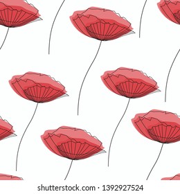 Abstract vector seamless pattern, background with poppies. Suitable for creating greeting cards, invitations, banners, web, flyers, backgrounds, covers, brochures, posters.