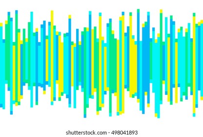 Abstract vector seamless pattern, background, wallpaper. Color stripes with endpoints. Column bar chart, histogram. Low and high spectrum levels. Cyan, green, blue, yellow bars with random length.