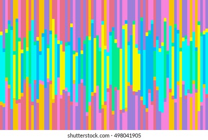 Abstract vector seamless pattern, background, wallpaper. Column bar chart, histogram. Low and high spectrum levels. Cyan, green, blue, yellow, red, pink, orange, purple bars with random length.