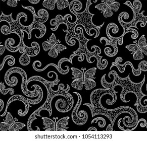 Abstract vector seamless pattern with beautiful curling ornaments and figured butterflies