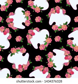Abstract vector seamless  pattern, beautiful floral design. Cute healthy teeth with bouquet of roses on black backgrounds. Illustration perfect for dental design, fashion prints, textile, wallpaper