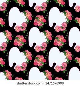 Abstract vector seamless  pattern, beautiful floral design. Cute healthy teeth with bouquet of roses on black backgrounds. Illustration perfect for dental design, fashion prints, textile, wallpaper