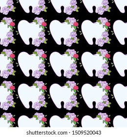 Abstract vector seamless  pattern, beautiful floral design. Cute healthy teeth with bouquet of roses on black backgrounds. Illustration perfect for dental design, fashion prints, textile, wallpaper