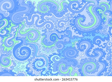 Abstract vector seamless pattern with beautiful blue curling lines. Endless texture