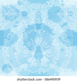 Abstract vector seamless pattern. Beautiful illustration of ornate lace, mandala art, consist of feathers, lines, beads. Boho style, frozen water, ice stylized background. Blue and white colors