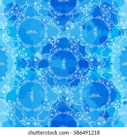 Abstract vector seamless pattern. Beautiful illustration of ornate lace, mandala art, consist of feathers, lines, beads. Boho style, frozen water, ice stylized background. Blue and white colors