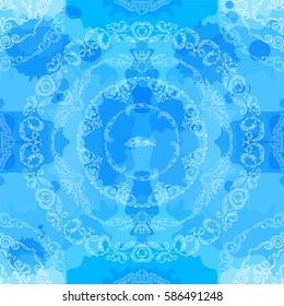 Abstract vector seamless pattern. Beautiful illustration of ornate lace, mandala art, consist of feathers, lines, beads. Boho style, frozen water, ice stylized background. Blue and white colors