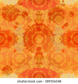 Abstract vector seamless pattern. Beautiful illustration of ornate lace, mandalas art, consist of feathers, lines, beads. Boho style, bright fire stylized background. Perfect for tribal design 