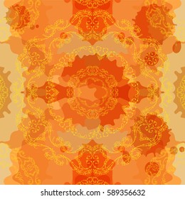 Abstract vector seamless pattern. Beautiful illustration of ornate lace, mandalas art, consist of feathers, lines, beads. Boho style, bright fire stylized background. Perfect for tribal design 