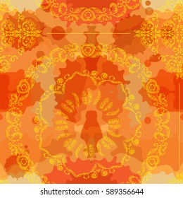 Abstract vector seamless pattern. Beautiful illustration of ornate lace, mandalas art, consist of feathers, lines, beads. Boho style, bright fire stylized background. Perfect for tribal design 