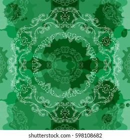 Abstract vector seamless pattern. Beautiful illustration of ornate lace, mandala art, consist of feathers, lines, beads. Boho style, green grass, malachite stylized background 