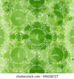 Abstract vector seamless pattern. Beautiful illustration of ornate lace, mandala art, consist of feathers, lines, beads. Boho style, green grass, malachite stylized background 
