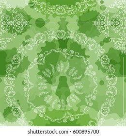 Abstract vector seamless pattern. Beautiful illustration of ornate lace, mandala art, consist of feathers, lines, beads. Boho style, green grass, malachite stylized background 
