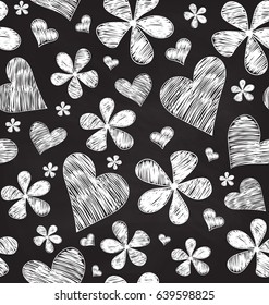 Abstract vector seamless pattern with beautiful hearts, ornaments and flowers handwritten with chalk on grey blackboard