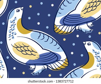Abstract vector seamless pattern with birds. Ptarmigans on a blue background. Hand-drawn vector illustration.