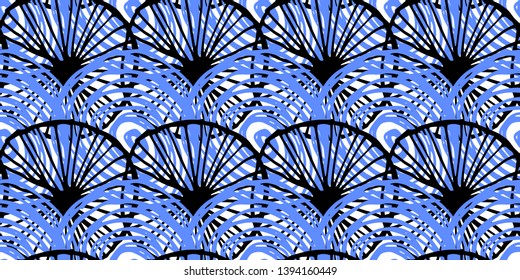 Abstract vector seamless pattern in black, blue, white colors. Grunge memphis background. Hand drawn elements. Texture design for surface, fabric, textile, paper wrapping.