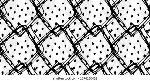 Abstract vector seamless pattern in black, gray, white colors. Grunge memphis background. Hand drawn elements. Texture design for surface, fabric, textile, paper wrapping.