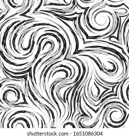Abstract vector seamless pattern in black color from torn lines in the form of spirals of loops and curls. Texture for decoration of fabrics or wrappers in black isolated on white background.