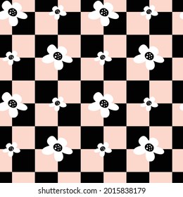 abstract vector seamless pattern with black squares and flowers on pink background