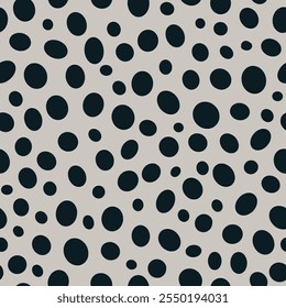 Abstract vector seamless pattern with black circles. Simple geometric round shapes repeated design on gray background. Modern polka dot ornament for fashion, home decor, wrapping paper, textile