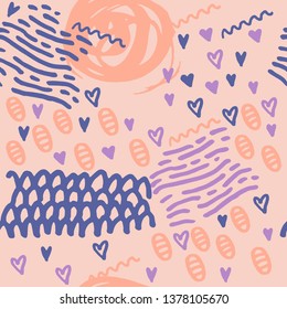 Abstract vector seamless pattern with blue, orange, purple brush strokes on light isolated background. Modern background for wallpaper, fabric, prints, cards, packaging. Artistic textures.