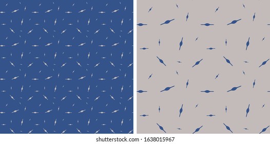 Abstract vector seamless pattern of blue and gray dashes. Extension cord in the middle of a stick. Two blue, gray backgrounds. Chaotic arrangement of elements for fabric, wallpaper, website, magazine