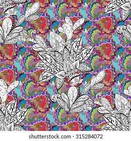 Abstract vector seamless pattern with blue and colorful doodles