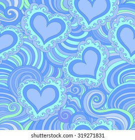 Abstract vector seamless pattern with blue ornamental hearts. Endless texture