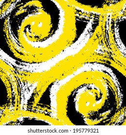 Abstract vector seamless pattern with bold swirling brush strokes in bright and contrasting colors yellow, white and black. 