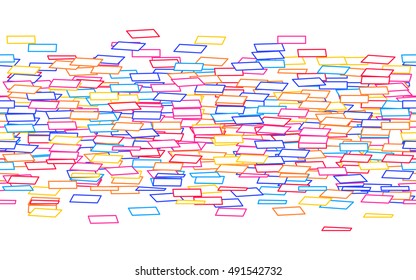 Abstract vector seamless pattern, border. Random geometric four cornered elements stretched into a single stream. Colorful stripe design. Yellow, orange, red, pink, blue profiles on white background.
