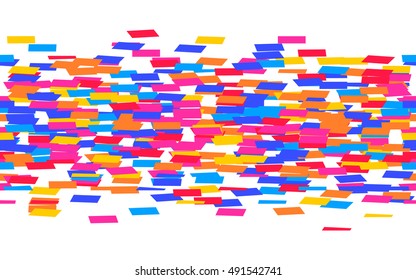 Abstract vector seamless pattern, border, stripe. Random geometric four cornered elements stretched into a single stream. Scattered colorful paper sheets. Yellow, orange, red, pink, blue polygons.