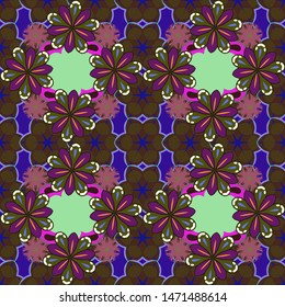 Abstract vector seamless pattern in brown, green and purple colors for invitation template.