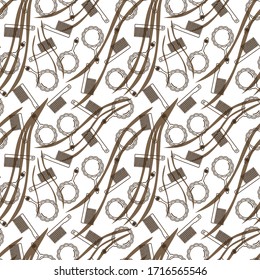 Abstract vector seamless pattern of brown elements: comb, mirror, hair strand.