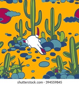 abstract vector seamless pattern with cactus, stones and cow skull, hand drawn natural  background