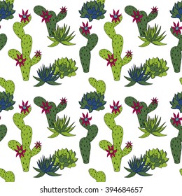 abstract vector seamless pattern with cactus and succulents, hand drawn natural  background
